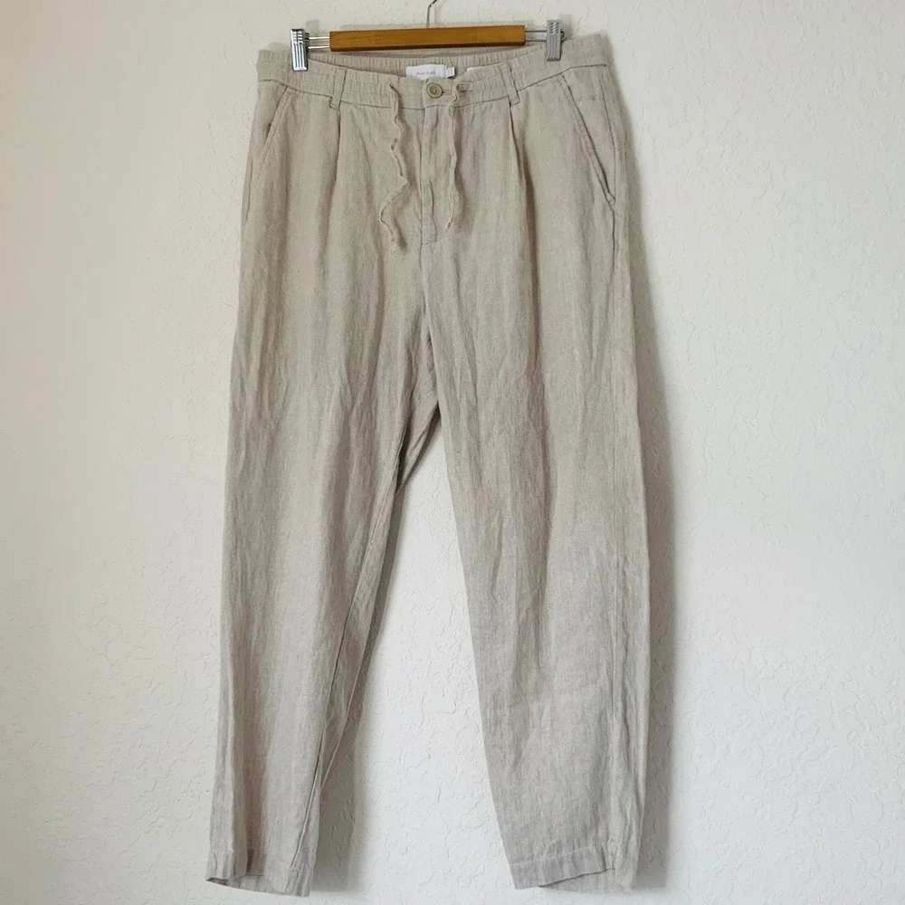 Porter & Ash Linen Blend Pants Men XL Beige Pleated Coastal Resort Quiet Luxury